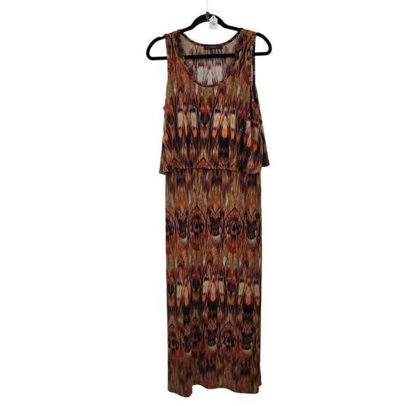 Womens Fever Dress Sleeveless Tiered Tank Maxi Warm Fiery Ikat  Brown Sz M - Picture 1 of 4